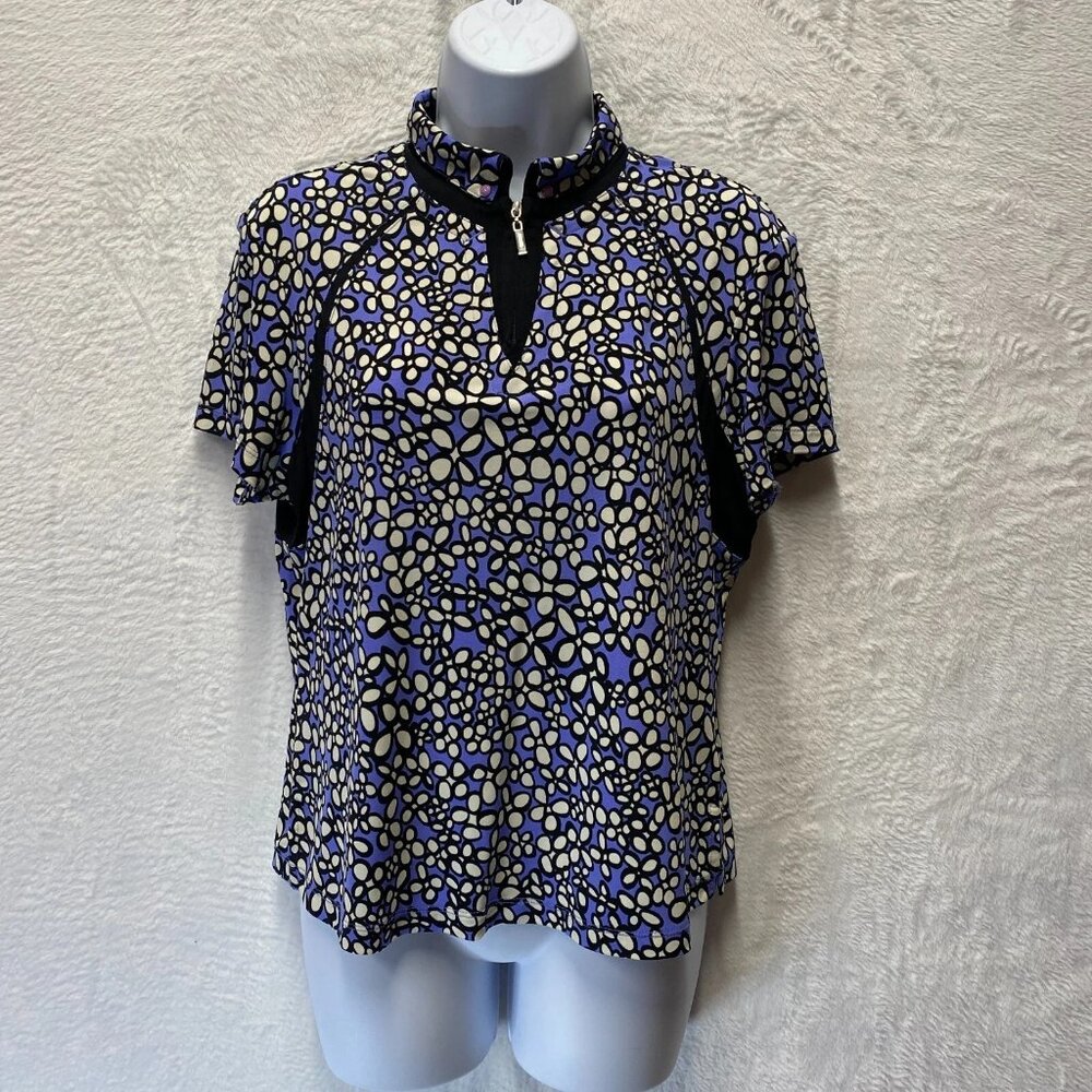 DKNY Floral Golf Shirt Women's Small Purple Short Sleeve Quarter Zip Funky